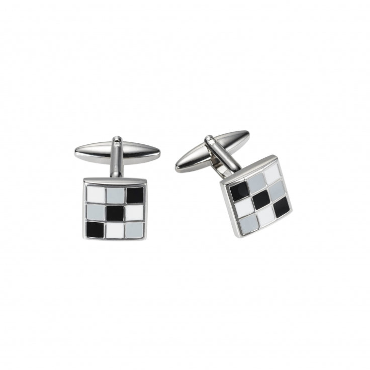 Polished Rhodium Plated Square Cufflinks with Black, Grey and White Enamel Chequered Inlay