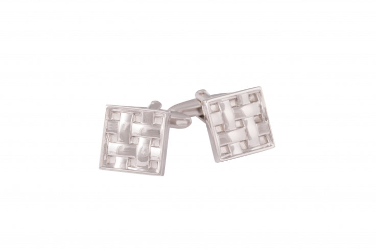 BRUSHED + POLISHED RHODIUM PLATED SQUARE WEAVE PATTERNED CUFFLINKS