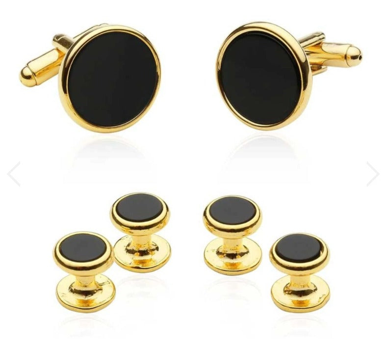 Gold Round Onyx Cufflinks and Stud Set