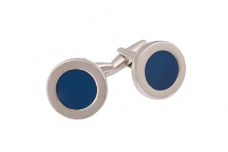 Polished Rhodium Plated Round Cufflinks with Dark Blue Enamel Inlay