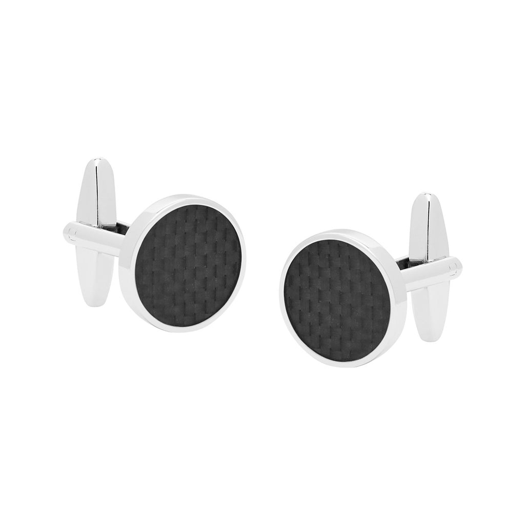 Buckle Nickel Polished. Black Carbon Fibre. Round. Cufflinks