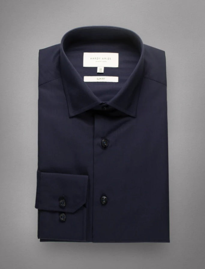 HARDY AMIES NAVY POPLIN BUSINESS SHIRT (SLIM FIT)