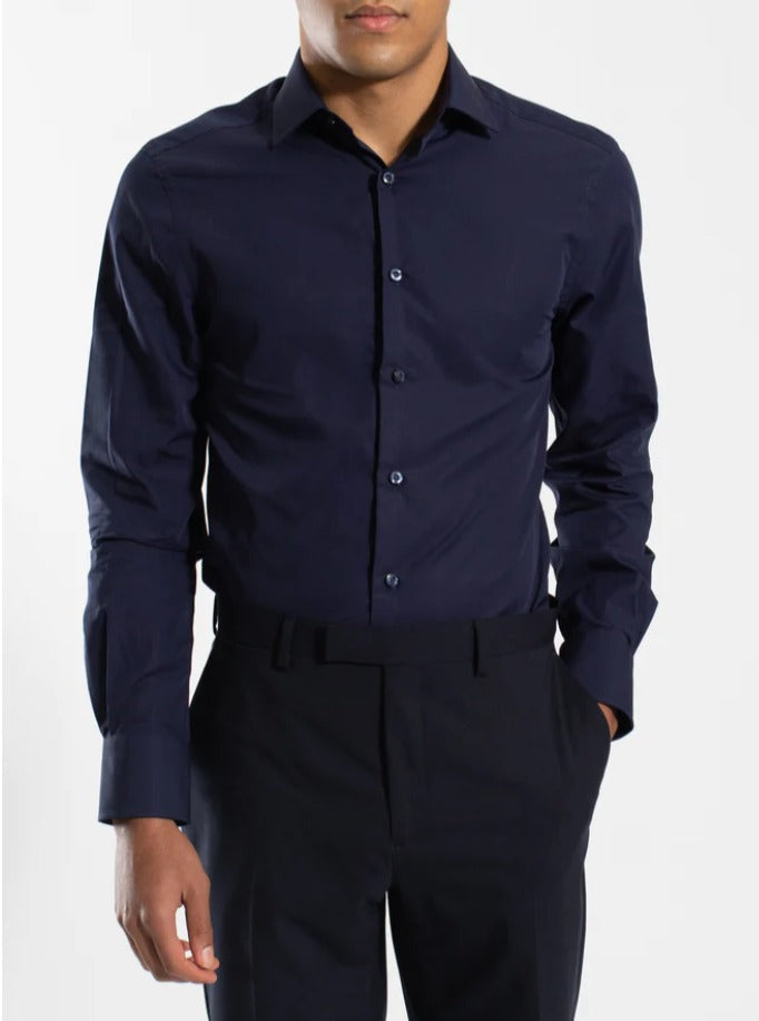 HARDY AMIES NAVY POPLIN BUSINESS SHIRT (SLIM FIT)