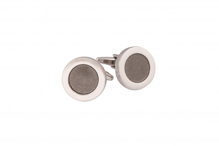 Polished Rhodium Plated Round Cufflinks with Dark Grey Enamel Inlay